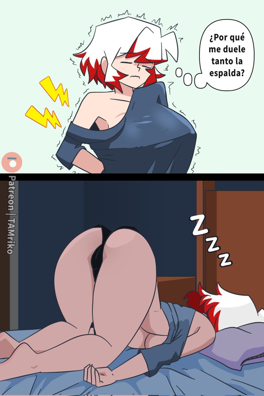 1girls ass ass ass_focus ass_up bed bedroom big_ass big_butt breasts breasts breasts closed_eyes dialogue face_down face_down_ass_up female_only oc original_character panties pillow red_and_white_hair shirt short_hair short_hair_female sleep sleeping solo solo_female solo_focus spanish_dialogue spanish_text stretching tagme tam_m3_(artist) tamriko text text_bubble underwear white_and_red_hair zzz