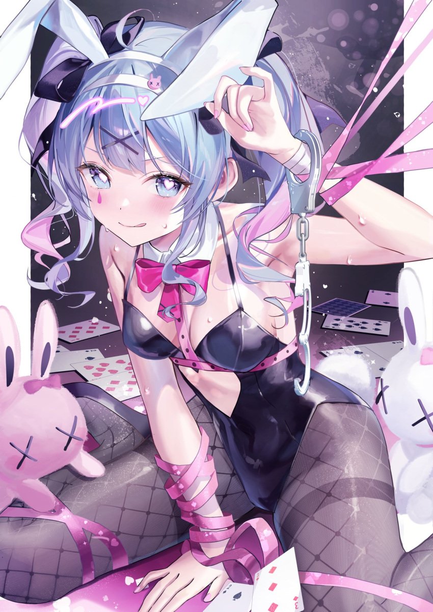 ahoge big_breasts blue_eyes blue_hair bunny_ears bunny_girl bunny_tail bunnysuit hatsune_miku heart heart_eyes nails navel pink_eyes pink_hair rabbit_hole_(deco*27/caststation) rabbit_hole_(vocaloid) ribbon smile stuffed_toy thighs tongue twintails vocaloid