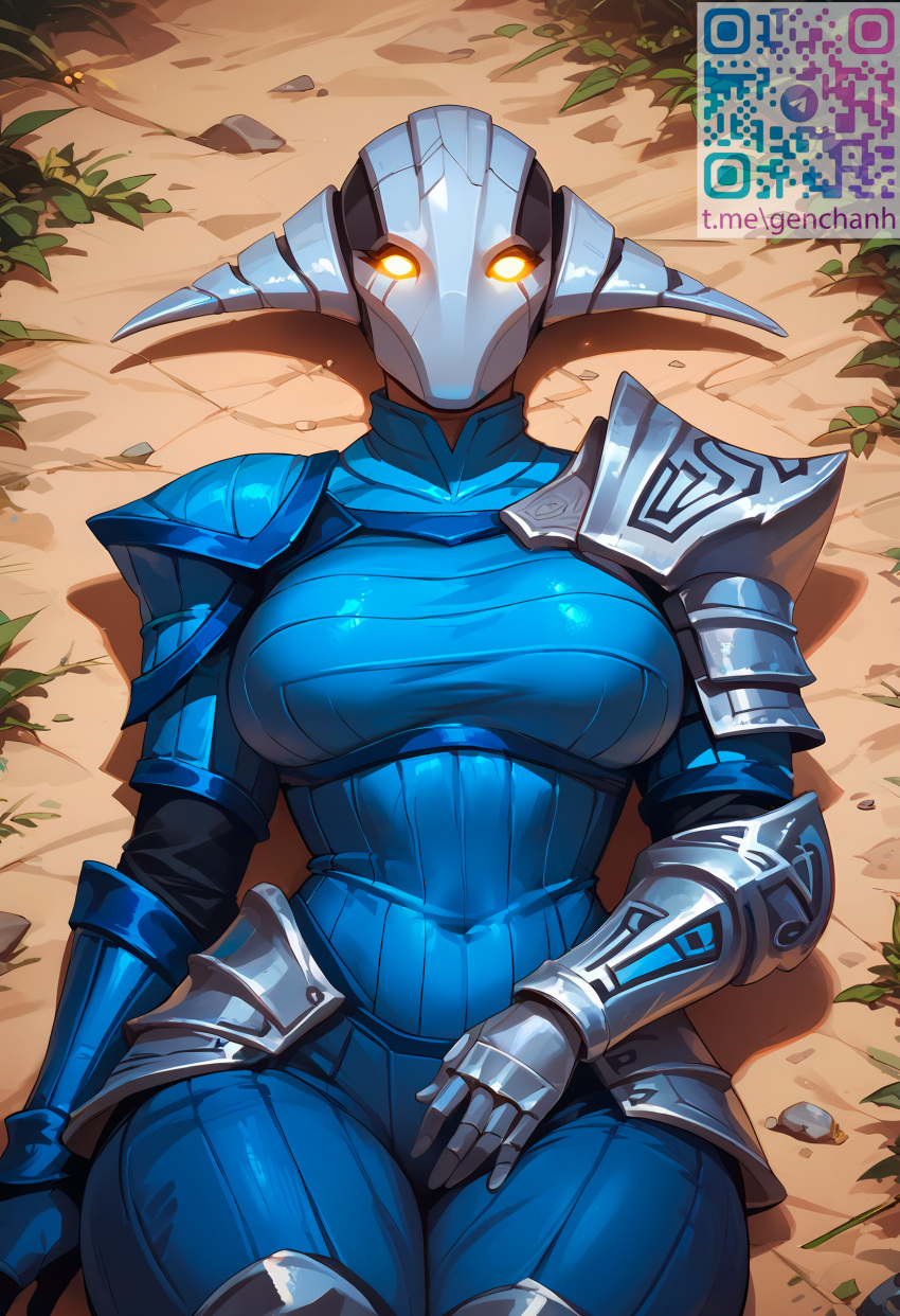 ai_generated armor big_breasts dota_2 genderswap_(mtf) genhartist glowing_eyes hand_on_crotch helmet knight laying_on_back r63 sven_the_rogue_knight warrior wide_hips