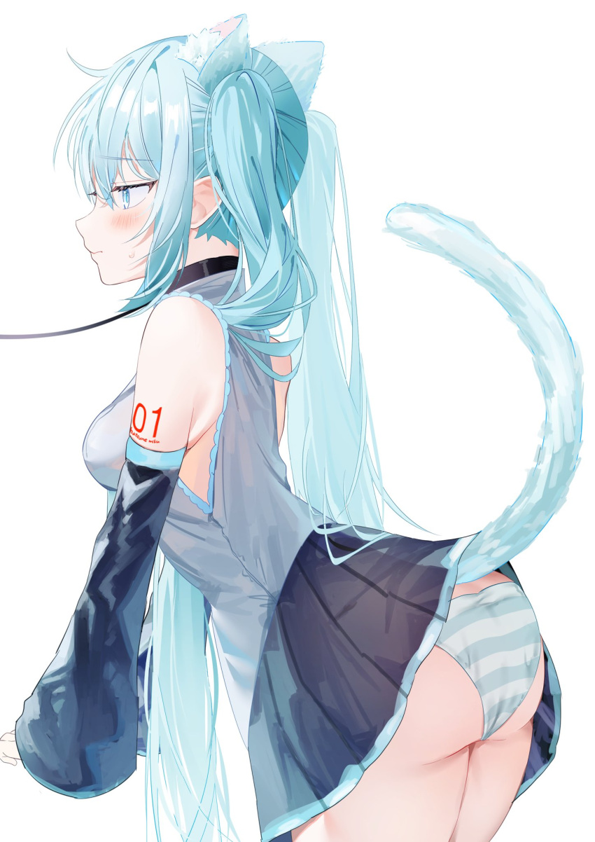 1girls animal_ears animal_genitalia artist_request ass big_ass big_breasts blue_eyes blue_hair blush breasts butt cat_ears cat_humanoid cat_tail collar cowboy_shot embarrassed from_side hatsune_miku leash leash_and_collar long_hair panties pleated_skirt shimapan simple_background skirt solo standing striped_panties thick_thighs thighs twintails underwear vocaloid white_hair