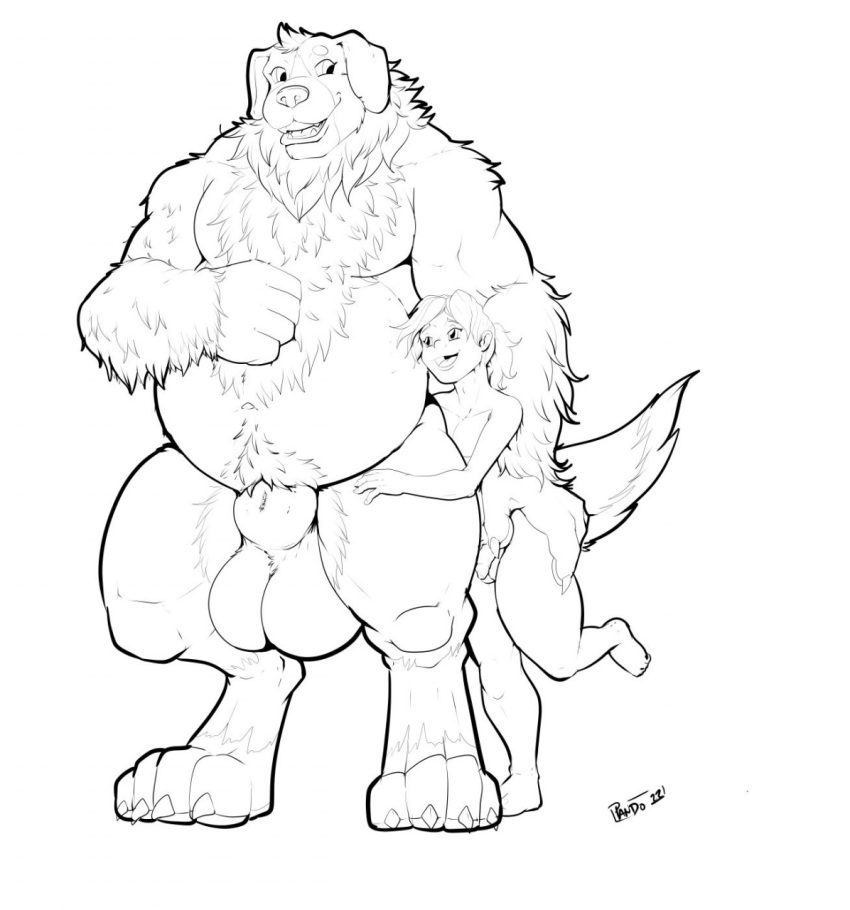 2022 animal_genitalia anthro artist_name balls belly bernese_mountain_dog big_balls big_belly big_sheath canid canine canis claws domestic_dog duo feet genitals hi_res huge_balls huge_sheath human imminent_incest interspecies_incest interspecies_romance male male/male mammal molosser mountain_dog musclegut muscular pandottermon sheath signature size_difference smile swiss_mountain_dog tail werecanid werecanine werecreature weredog