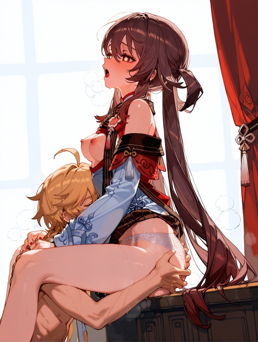 1boy 1girls aether_(genshin_impact) ai_generated ass ass_grab blonde_hair breasts breasts_out brown_hair genshin_impact hu_tao_(cherries_snow-laden)_(genshin_impact) hu_tao_(genshin_impact) kissing nipples panties red_eyes sitting small_breasts