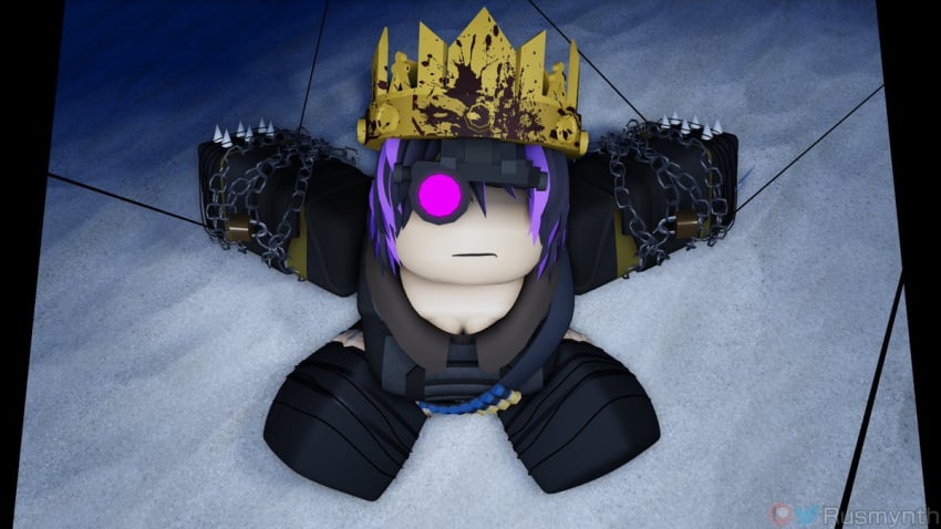 1girls 3d bondage cleavage clothed decaying_winter purple_hair roblox roblox_game robloxian rusmynth sledge_queen tied_up