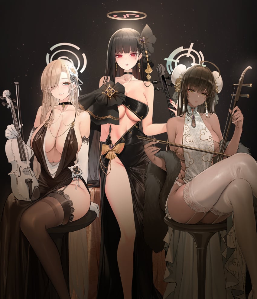 3girls absurdres ahoge alternate_costume asuna_(blue_archive) black_choker black_dress black_hair black_thighhighs blonde_hair blue_archive bow_(music) breasts bun_cover cello choker commentary crossed_legs dark-skinned_female dark_skin dishwasher1910 double_bun dress earrings erhu feet_out_of_frame fingernails flower hair_bun hair_flower hair_ornament hair_over_one_eye halo halter_dress halterneck highres holding holding_bow_(music) holding_erhu holding_instrument instrument jewelry karin_(blue_archive) lace lace-trimmed_legwear lace_trim large_breasts long_hair looking_at_viewer mole mole_on_breast multiple_girls nail_polish navel on_stool plunging_neckline revealing_clothes rio_(blue_archive) sideless_dress sitting smile straight_hair thighhighs very_long_hair violin white_thighhighs