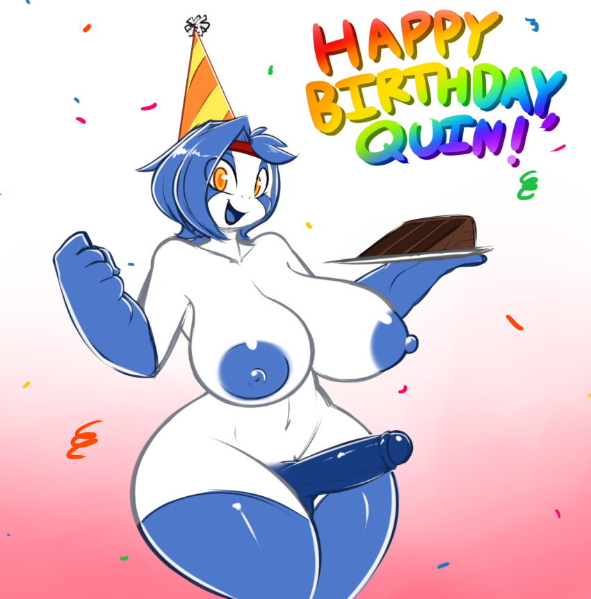 1futa 2016 anthro averyshadydolphin big_breasts birthday breasts cake dessert dickgirl erection food futanari hat hi_res huge_nipples humanoid humanoid_penis intersex jet_(quin_nsfw) looking_at_viewer nipples party_hat penis simple_background solo solo_futa text thick_thighs wide_hips