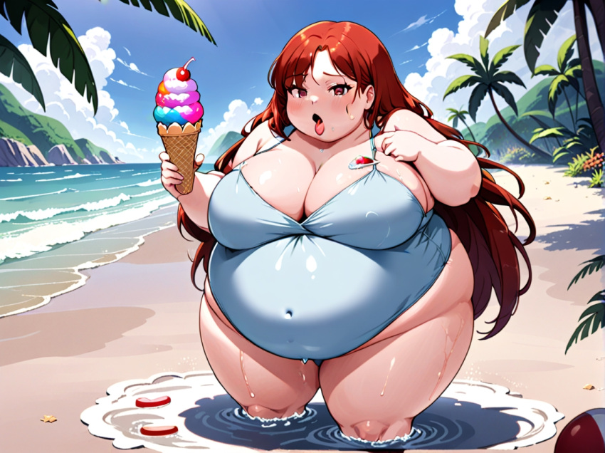 ai_generated bathing_suit beach fat ice_cream_cone large_belly large_breasts obese red_hair