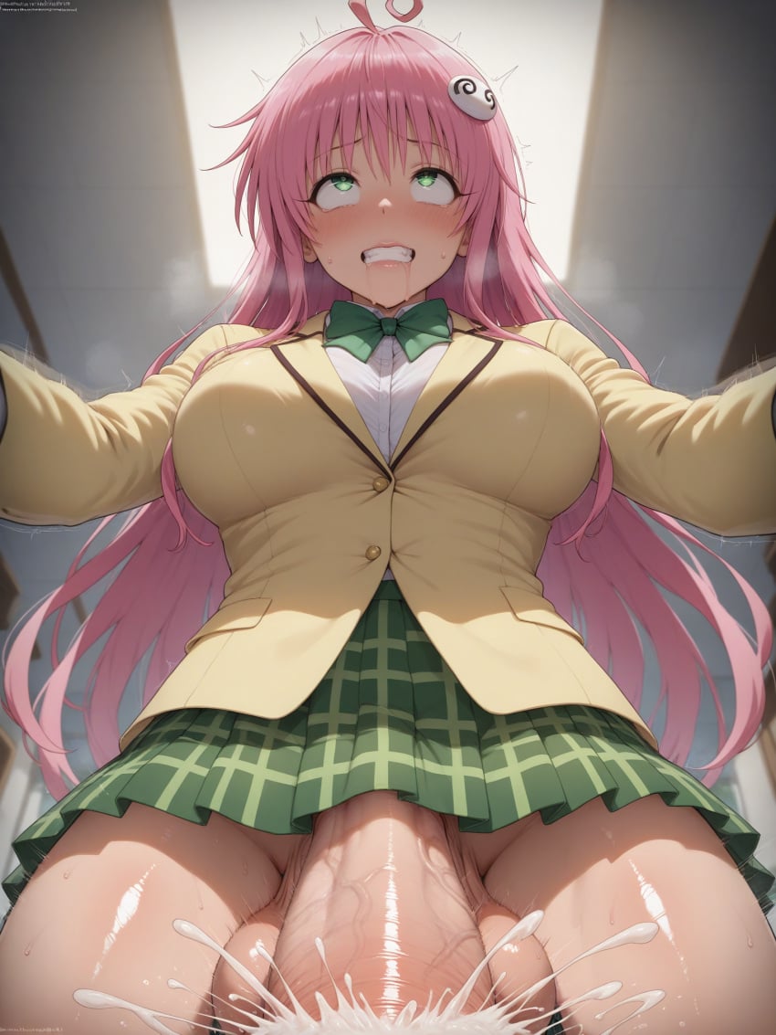 1futa ahe_gao ai_generated big_breasts big_penis blush blush clenched_teeth cum cum_in_mouth drooling eyes_rolling_back femdom from_below futadom green_eyes hands_on_head irrumatio lala_satalin_deviluke looking_at_viewer motion_lines open_jacket penis_under_skirt pink_hair pov school_uniform, skirt thrusting thrusting_into_mouth to_love-ru to_love-ru_darkness