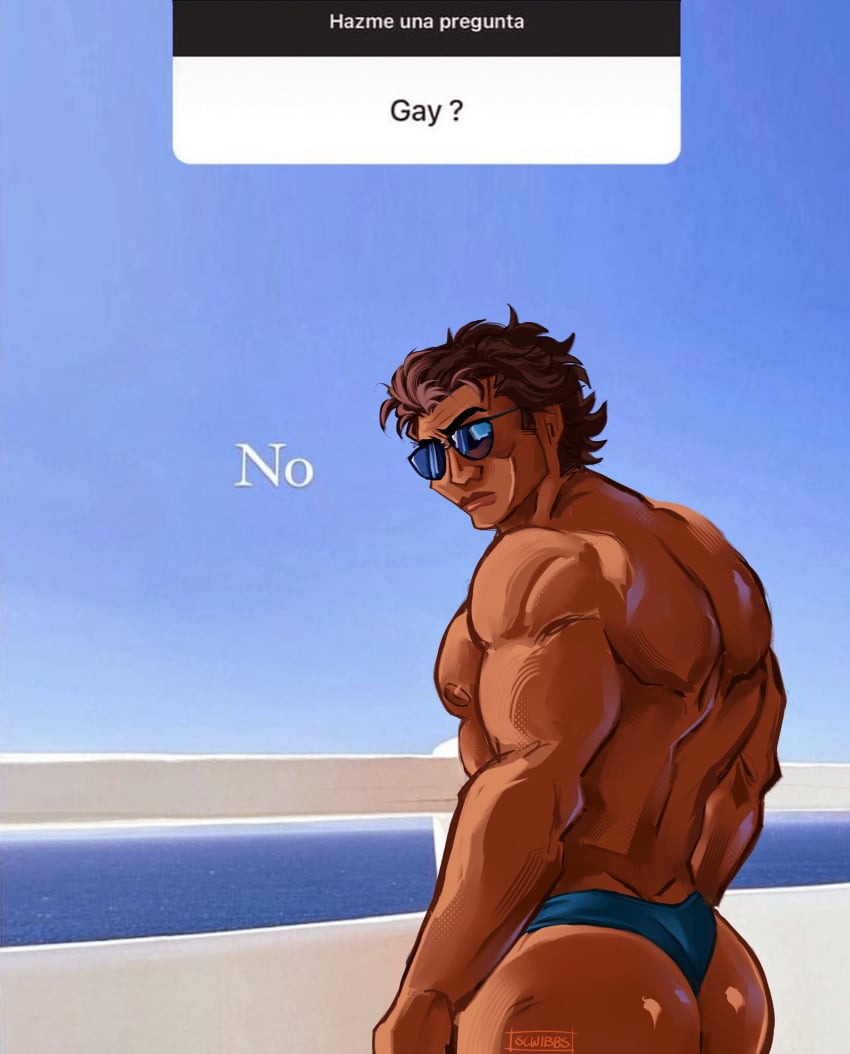 ass ass_focus big_ass big_ass_(male) big_butt big_butt_(male) big_pecs brown_skinned_male dark-skinned_male digital_media_(artwork) gay gay_male glasses glasses_on_face looking_at_viewer male male_focus male_only marvel marvel_comics meme meme_reference miguel_o'hara muscular muscular_male pecs pectorals reference_image round_ass round_butt seductive seductive_pose spider-man:_across_the_spider-verse spider-man_2099 straight_to_gay swimsuit thong thong_bikini