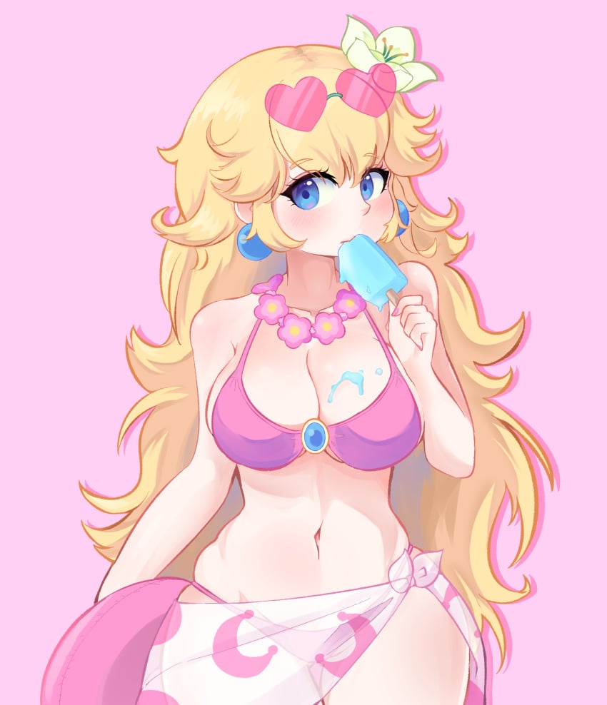 2024 bikini blonde_hair blue_eyes blush breasts cleavage ducktracio earrings female female_only flower flower_in_hair innertube long_hair mario_(series) melting_popsicle nintendo pink_background pink_bikini popsicle princess_peach sunglasses sunglasses_on_head thighs