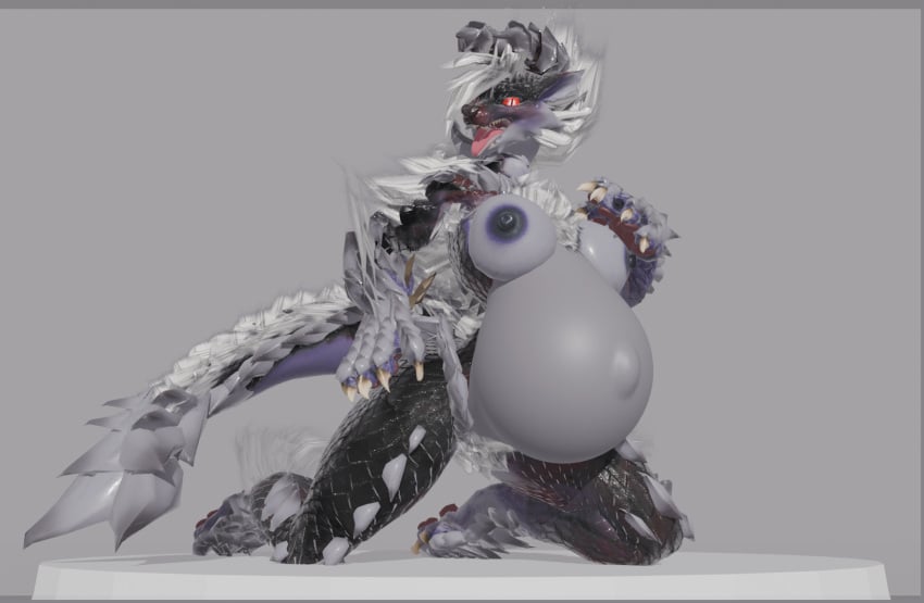 3d alternate_color anthro apekweit belly big_belly blender_(artwork) breasts capcom digital_media_(artwork) fanged_wyvern female hand_on_breast hand_on_hip hi_res kneeling looking_at_viewer monster_hunter nipples open_mouth phrostbite platform pregnant pregnant_anthro pregnant_female scales solo spines stygian_zinogre tail tongue tongue_out zinogre zinogre_(apekweit)