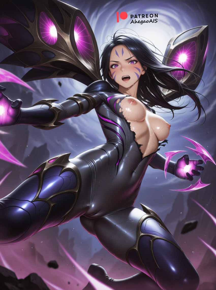 ahegao_ai ai_generated battle bodysuit dark_hair kai'sa league_of_legends league_of_legends:_wild_rift long_hair medium_breasts nipples purple_eyes torn_bodysuit torn_clothes