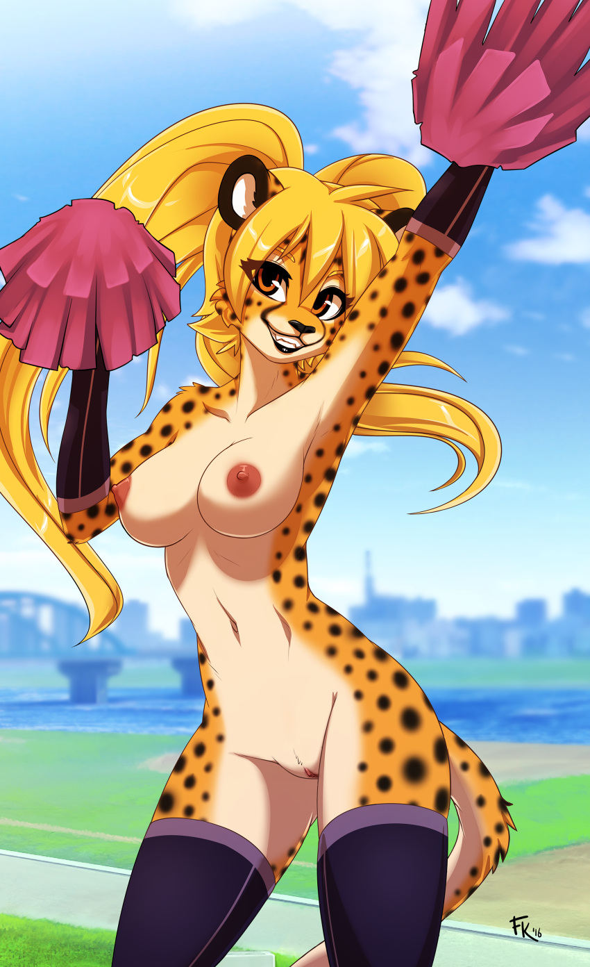 anthro blonde_hair breasts cheetah feline female fluff-kevlar fur furry gold_eyes looking_at_viewer mihari nude pom_poms smile tied_hair twintails vagina