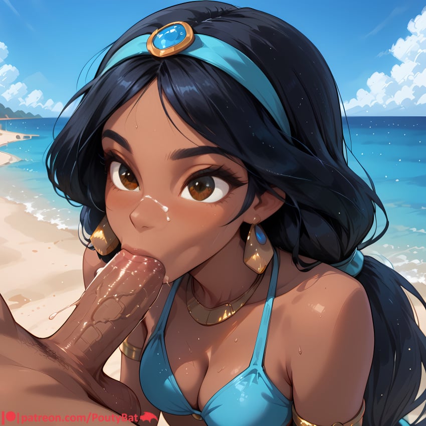 1girls ai_generated aladdin aladdin_(1992_disney_film) beach bikini black_hair blowjob blowjob_face blue_bikini brown_eyes brown_skin brown_skinned_female female gold_(metal) gold_jewelry headband jewel jewelry ocean ocean_background penis_in_mouth poutybat princess_jasmine sucking sucking_penis