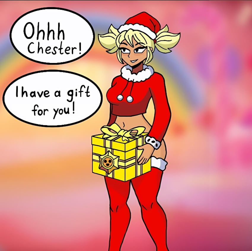 1futa blonde_hair brawl_stars brown_skin christmas_outfit dark-skinned_futanari dark_skin dick_in_a_box futa_only futanari mandy_(brawl_stars) solo solo_futa tanta_bs