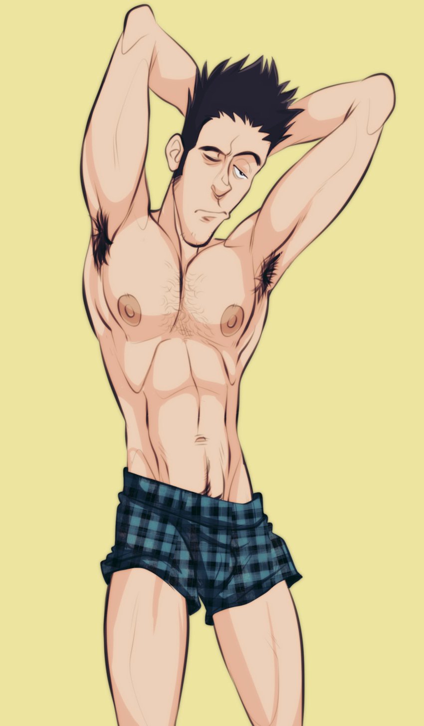 abs bara biceps bulge flaccid hunter_x_hunter leorio_paladiknight male male_nipples male_only manly muscular_male nipples pecs solo solo_male throatpussy underwear