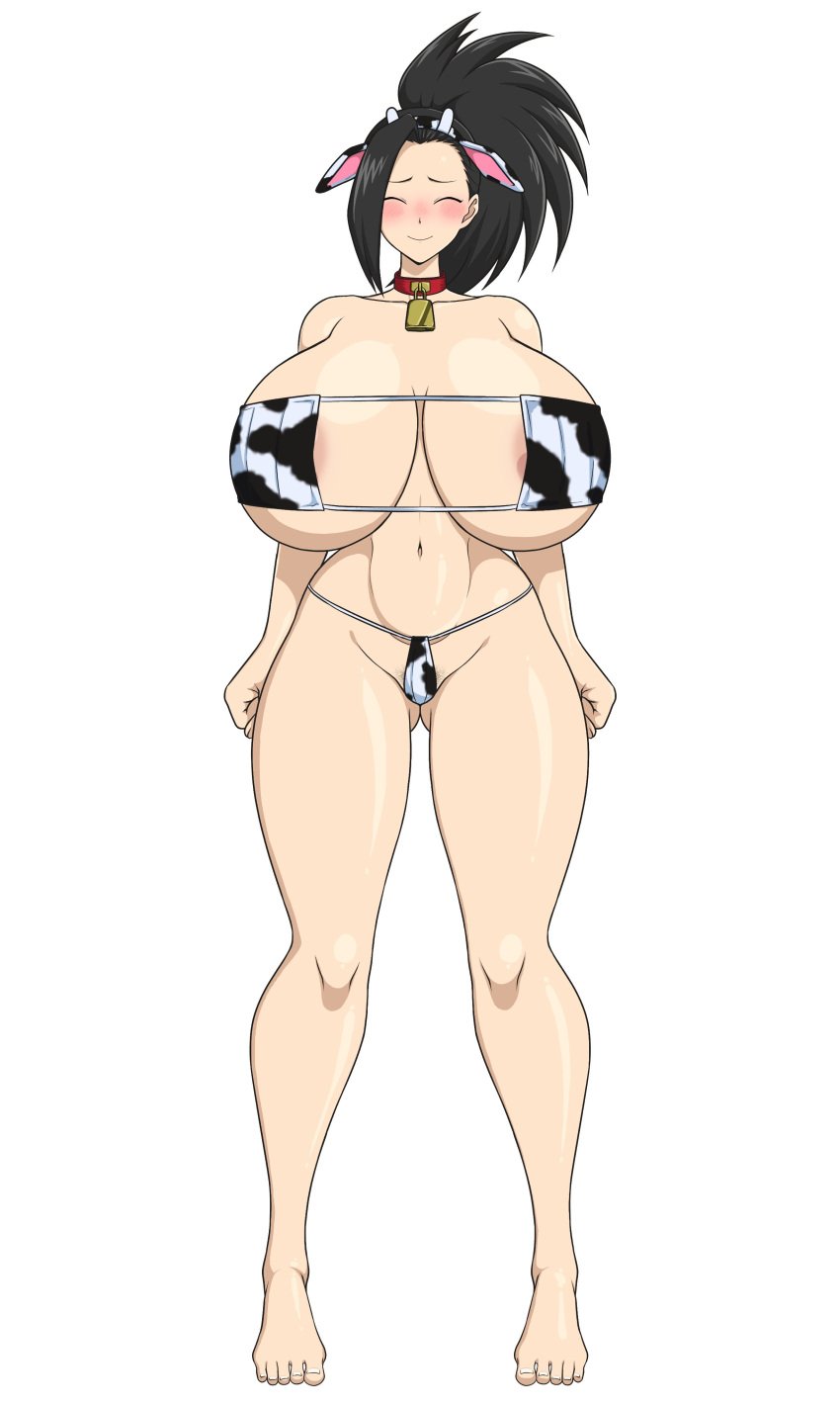 1girls big_breasts black_eyes black_hair blush boku_no_hero_academia bovine cow_girl cow_horns huge_breasts momo_yaoyorozu my_hero_academia pinup sihkygmojsn standing