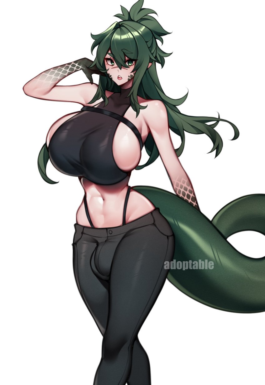 1futa belly belly_button big_breasts big_tail bulge bulge_through_clothing busty clothed curves curvy dragon_futa dragon_girl dragon_humanoid dragon_tail fully_clothed futa_only futanari greeen_hair huge_breasts large_breasts light-skinned_futanari light_skin lizard_tail long_tail penis_bulge scalesarmpit tagme tail thick thick_tail thighs tummy unbeller white_background