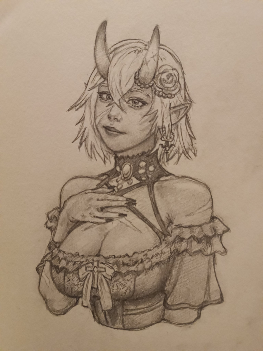 akumi bangs bare_shoulders breasts cleavage earrings female flower hair_between_eyes hair_flower hair_ornament hand_on_own_chest horns jewelry large_breasts lips looking_at_viewer monochrome parted_lips pointy_ears short_hair smile solo traditional_media upper_body vyugen