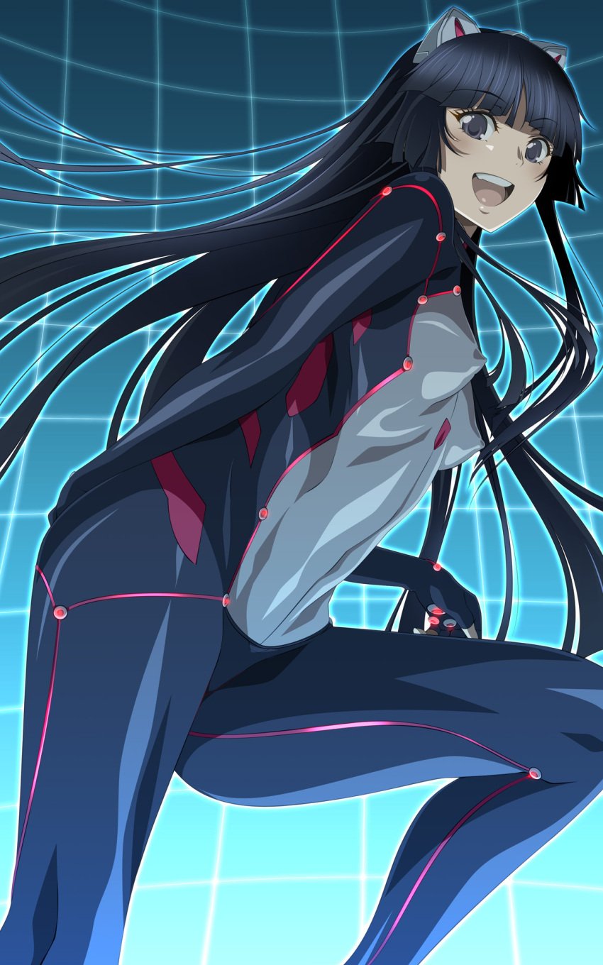 1girls :d animal_ears aoi_nagisa_(metalder) arm_behind_back black_eyes black_hair blue_background blunt_bangs bodysuit breasts cat_ears commentary covered_erect_nipples erect_nipples erect_nipples_under_clothes fake_animal_ears floating_hair from_side glowing gradient_background grid guilty_crown hairband highres hime_cut leaning_forward long_hair looking_at_viewer nipples_visible_through_clothing open_mouth outline perky_nipples petite petite_body petite_breasts petite_female photoshop_(medium) puffy_nipples shiny_clothes skin_tight small_breasts smile solo tsugumi_(guilty_crown) very_long_hair young young_female young_woman