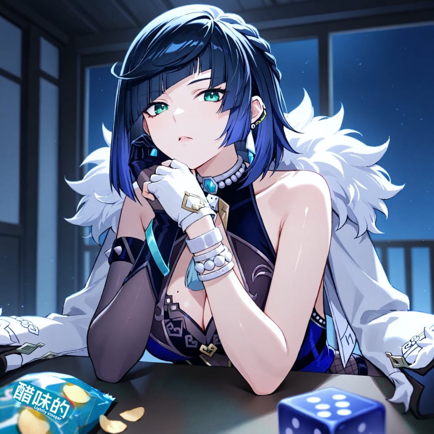 1girls ai asymmetrical_gloves blue_dress blue_hair bracelet dice earrings green_eyes looking_at_viewer mole_on_breast night potato_chips resting_on_arms shiny_skin sitting yelan_(genshin_impact)