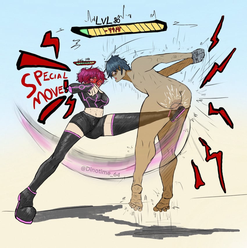 asian_male ballbusting ballbusting_orgasm balls crotch_kick cyberpunk dominant_female dominatrix dyed_hair femboy kicking_balls oc orgasm original_character pink_hair thighhighs video_game