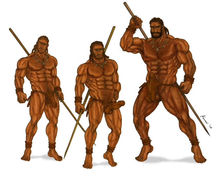 3boys abs balls_outline bara beard big_penis brown_hair color cornrows dark_skin erect_nipples erection erection_under_clothes facial_hair gay green_eyes holding_weapon huge_cock kamui_jack large_penis loincloth male male_nipples male_only manly masculine muscles muscular_male mustache necklace pecs penis penis_outline penis_shaped_bulge penis_size_difference penis_under_clothes size_difference spear topless weapon white_background