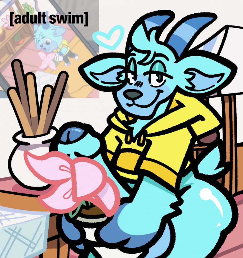 3_fingers adult_swim anthro ass balls bedroom_eyes big_balls big_butt big_penis blue_body blue_fur bottomless cartoon_network clothed clothing deer fingers flower foreskin fur genitals heart_symbol hi_res hoodie hooves horn looking_at_viewer male mammal narrowed_eyes pdoctori penis plant seductive smile solo striped_horn stripes topwear unnamed_character