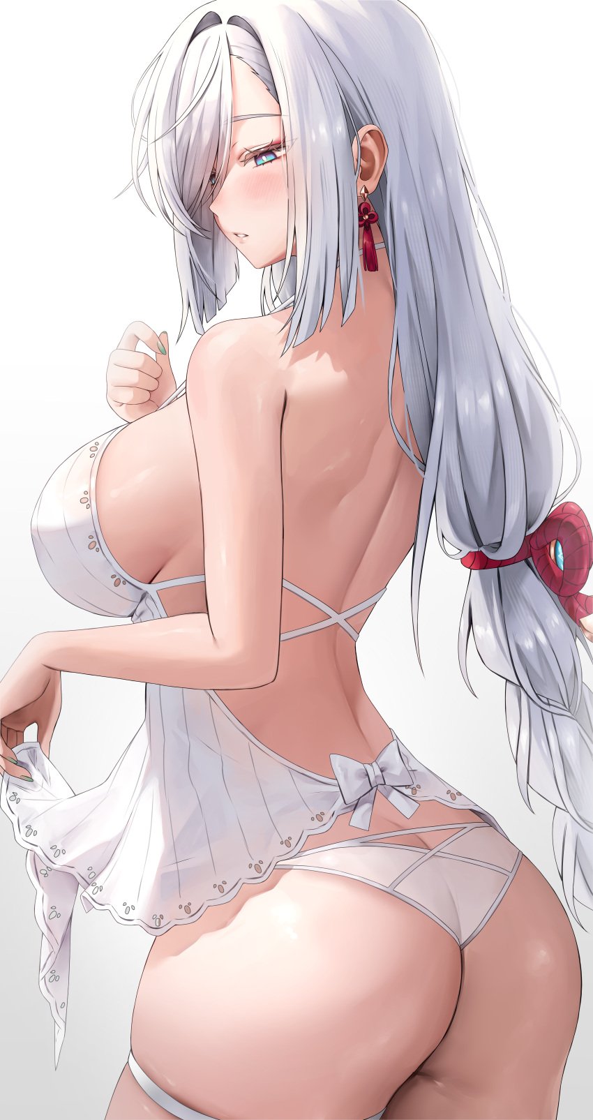 1girls 2d ass blue_eyes breasts female genshin_impact hair_over_one_eye huge_breasts light-skinned_female light_skin lingerie long_hair shenhe_(genshin_impact) thighs vitaminechan white_hair