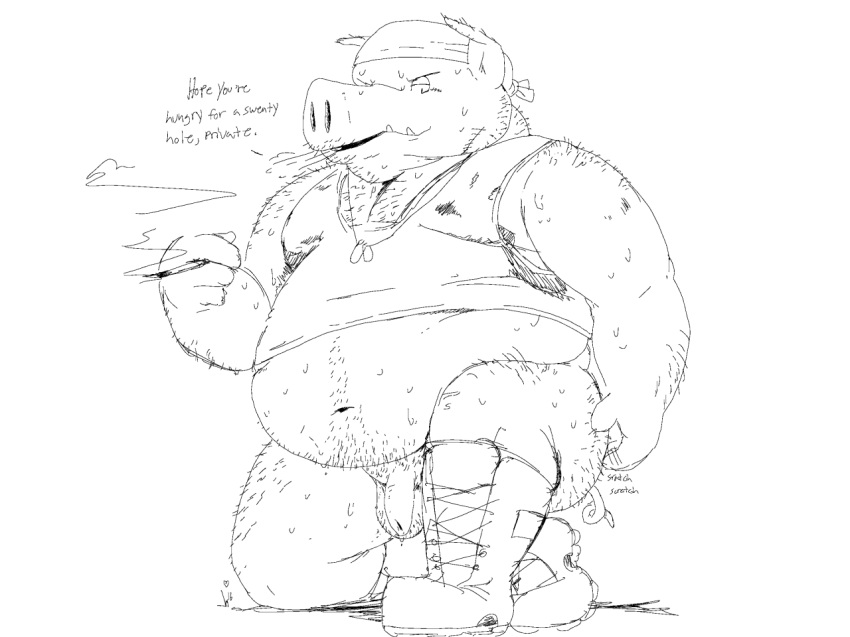 aliasing anthro balls bandana black_and_white boots bottomless cigarette clothed clothing dialogue dog_tags flaccid footwear front_view hairy line_art looking_at_viewer male male_only mammal monochrome navel on_one_knee overweight penis pig porcine rohly scratching smoking solo sweat talking_to_viewer