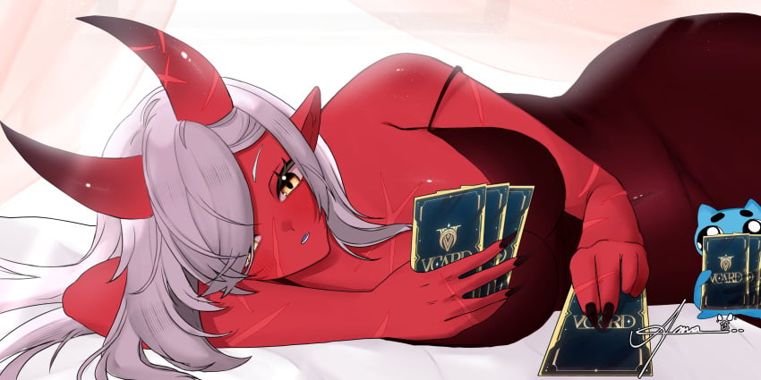 akumi bare_shoulders bed book breasts can demon_girl dress female hair_over_one_eye horns large_breasts long_hair looking_at_viewer lying on_bed on_side parted_lips pointy_ears red_skin solo virtual_youtuber vyugen yellow_eyes