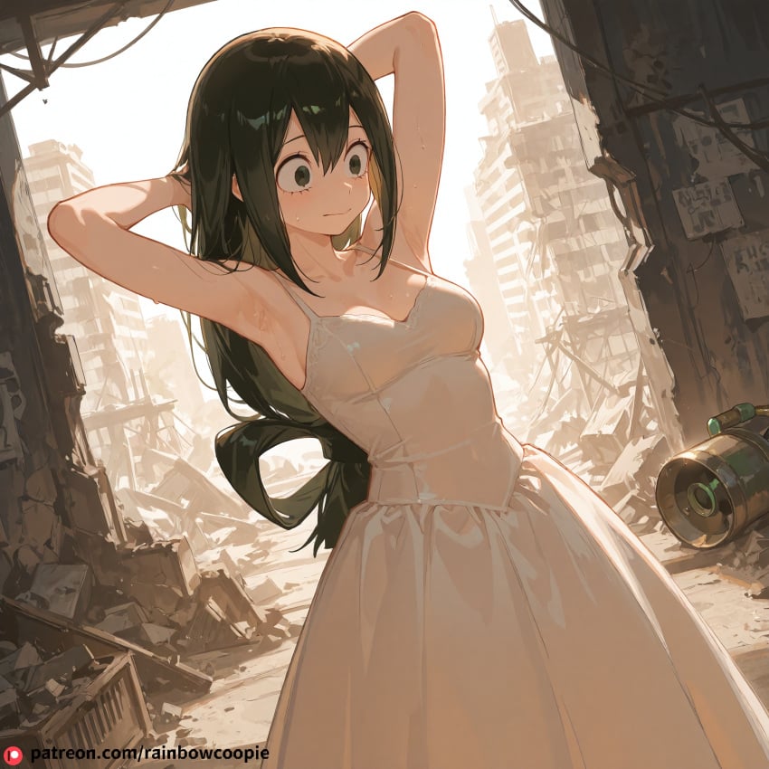 ai_generated armpits asui_tsuyu beautfiul_background bright_daylight frustrated hairy_armpits medium_breasts pot rubble_ruins stunning_backgroud sweat walking wedding_dress white_dress