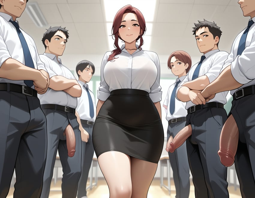 ai_generated big_breasts cfnm clothed_female_nude_male exhibitionism exhibitionist exposed_penis multiple_boys multiple_males pencil_skirt student student_and_teacher teacher teacher_and_student