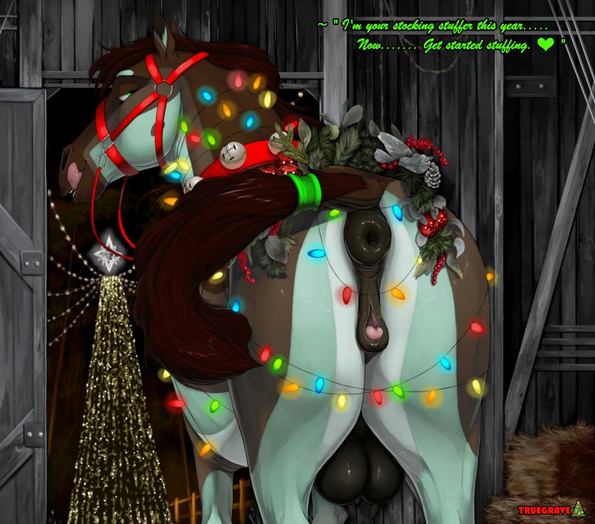 2024 alternate_species anatomically_correct anatomically_correct_anus anatomically_correct_genitalia anatomically_correct_pussy animal_genitalia animal_pussy anus black_nipples black_teats bridle brown_body brown_fur brown_mane brown_tail christmas christmas_decorations christmas_lights clitoral_winking clitoris dialogue digital_media_(artwork) english_text equid equine equine_anus equine_genitalia equine_pussy equine_teats female feral fur genitals green_body green_eyes green_fur hi_res holidays horse licking licking_lips looking_at_viewer looking_back looking_back_at_viewer mammal mane nipples open_mouth puffy_anus pussy quadruped rear_view sheppermint solo standing tail talking_to_viewer teats teeth text tongue tongue_out truegrave9