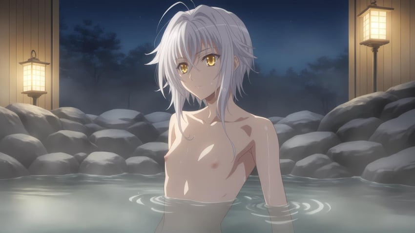 half_submerged high_school_dxd koneko_toujou nude_female onsen small_body small_breasts small_waist white_hair yellow_eyes