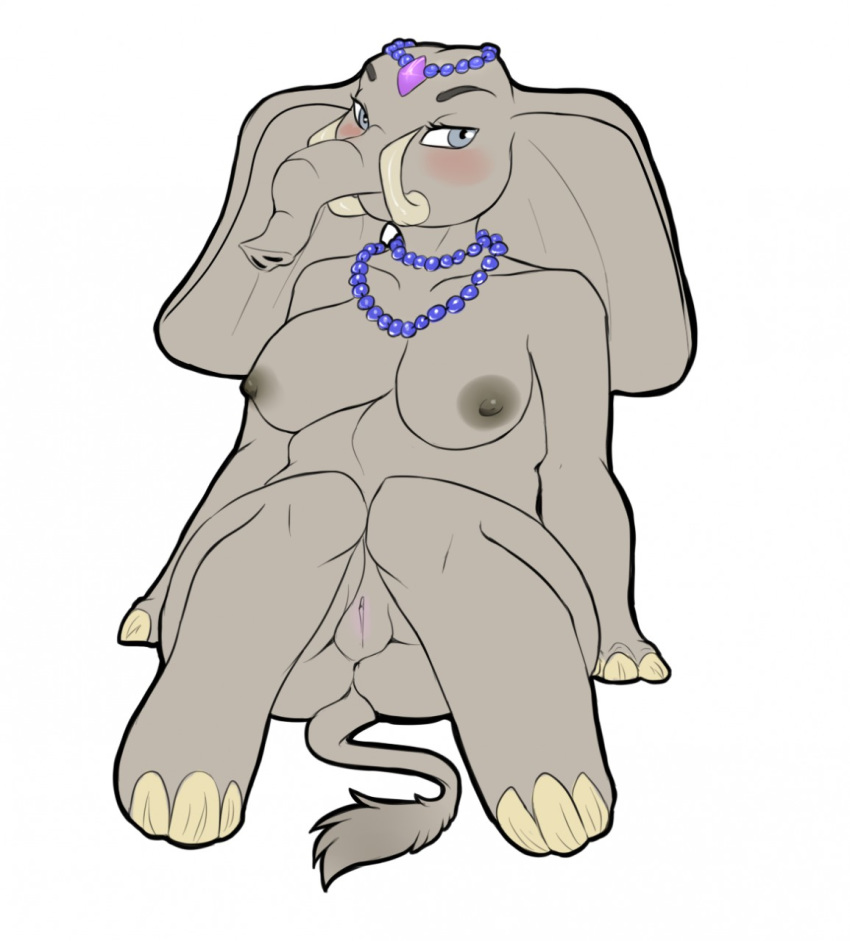 2016 anthro areola beads blue_eyes breasts elephant female front_view grey_nipples grey_skin hi_res jewelry long_ears mammal necklace nipples nude presenting presenting_pussy pussy reclining shapeshifterprincess simple_background solo tail_tuft tuft tusks white_background