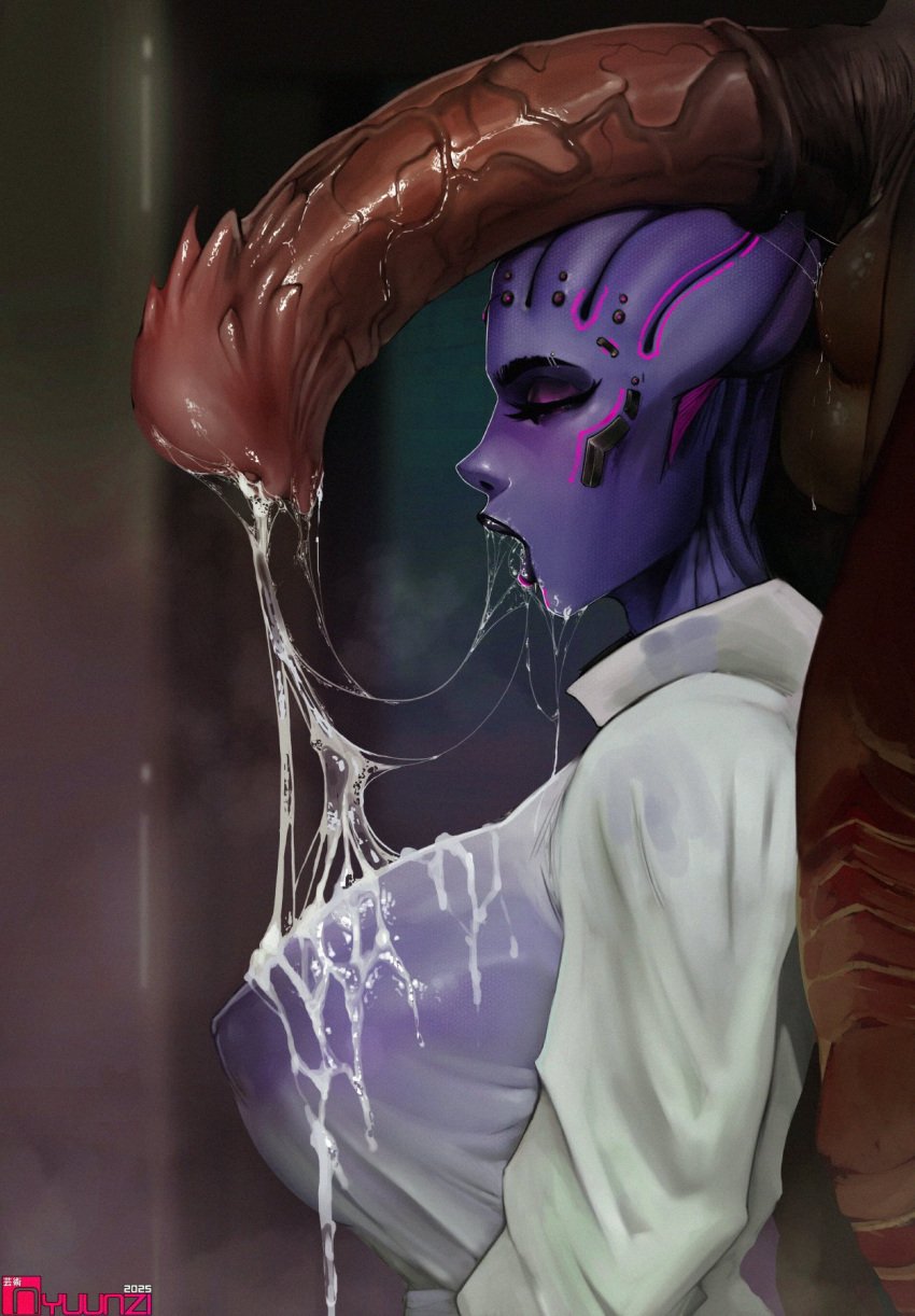 1boy 1girls after_oral alien animal_cock animal_genitalia animal_penis asari bioware cock_bigger_than_head cum cum_on_breasts female huge_breasts huge_cock large_breasts male mass_effect nipples_visible_through_clothing nyuunzi penis_on_head see-through side_view