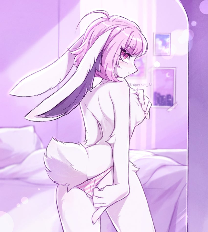 2d 2d_(artwork) 3rdperson_iz bed bedroom bedroom_setting bunny ear_tuft female female_focus female_only furry furry_female looking_at_viewer looking_back panties panties_only pink_eyes pink_hair smiling standing striped_panties