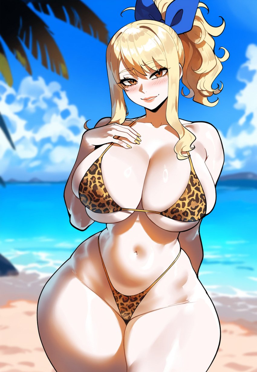 ai_generated animal_print arm_behind_back ass ass_focus beach big_ass big_breasts big_butt big_thighs bikini blonde_hair brown_eyes curvy curvy_female curvy_figure dijiai fairy_tail focus from_front_position front_view hair_ribbon hand_on_breast highleg hourglass_figure leopard_print looking_at_viewer lucy_heartfilia nsfw ocean outdoors palm_tree ponytail round_ass round_butt seductive seductive_look seductive_smile standing thiccwithaq_(ai_style) thick thick_ass thick_butt thick_legs thick_thighs thighs wide_hips