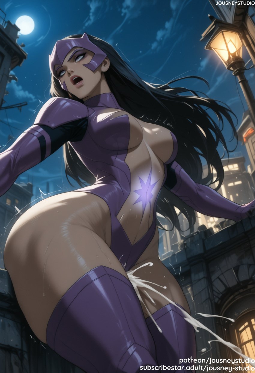 ai_generated bangs black_hair blue_eyes blush bodysuit breasts building carol_ferris city cityscape clothing dc dc_comics ejaculation facial_mark female female female_only full_moon gloves green_lantern_(series) jousneystudio justice_league justice_league_unlimited lamppost large_breasts legwear leotard lips long_hair looking_at_viewer looking_down makeup medium_breasts moon navel night night_sky nipples open_mouth outdoors purple_hair semen sex shiny sky solo standing star_(sky) star_(symbol) star_sapphire_(dc) starry_sky superhero sweat teeth thick_thighs thighhighs thighs trembling very_long_hair violet_lantern