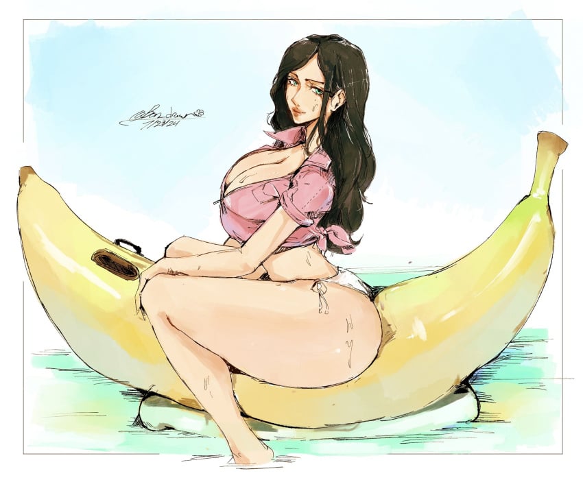 1girls arched_back banana bare_legs bikini_bottom black_hair bon_drawr cleavage clothing female female_only large_ass large_breasts nico_robin one_piece pink_shirt side_view sitting solo solo_female straddling thick_ass thick_thighs tied_shirt wet white_panties