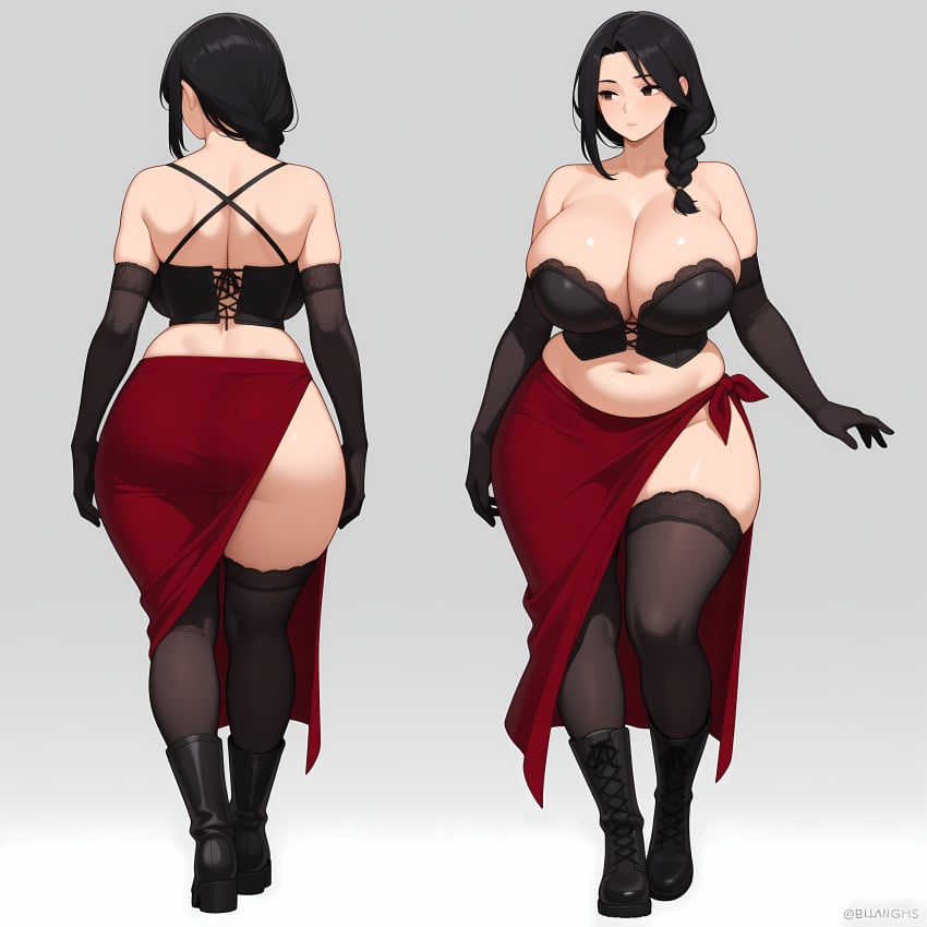 ai_generated black_hair braid chubby dark_eyes huge_ass huge_breasts human lace_trim large_ass large_breasts light-skinned_female light_skin long_boots long_gloves midriff milf mommy no_bra no_panties oc original_character plump sarong skirt solo standing stockings thick_thighs thighhighs vasilisa_(daiva) viewed_from_behind wide_hips