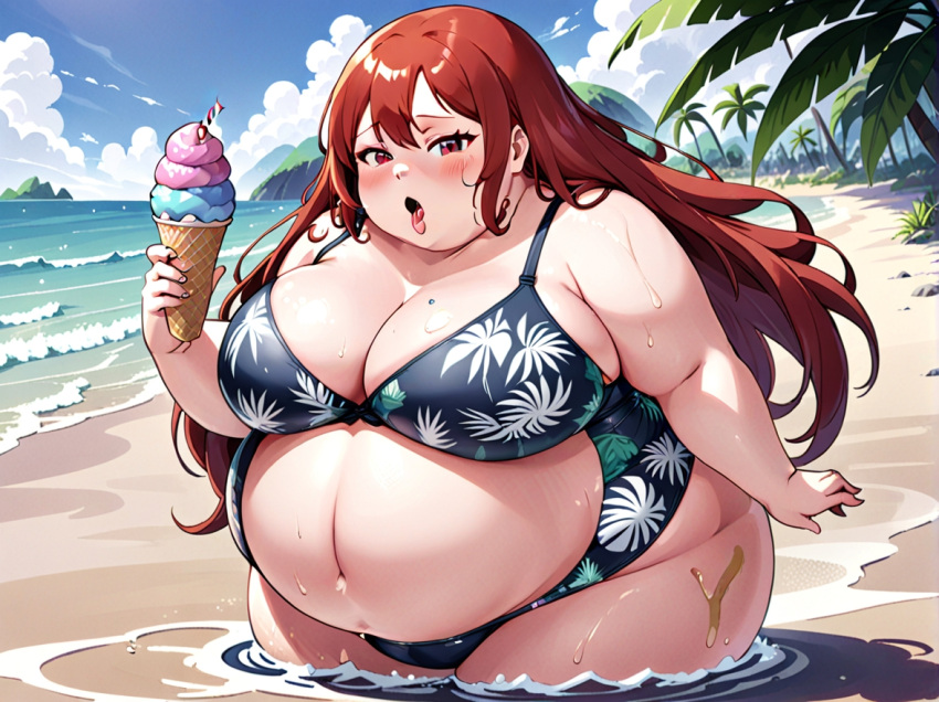 ai_generated beach bikini fat ice_cream_cone large_belly large_breasts obese red_hair