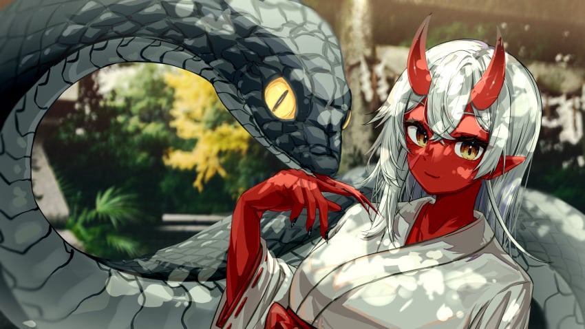 akumi breasts claws closed_mouth eyebrows_visible_through_hair female hair_between_eyes horns japanese_clothes kimono large_breasts long_hair long_sleeves looking_at_viewer monster_girl outdoors pointy_ears red_skin sharp_fingernails silver_hair smile solo upper_body vyugen white_hair white_kimono wide_sleeves yellow_eyes