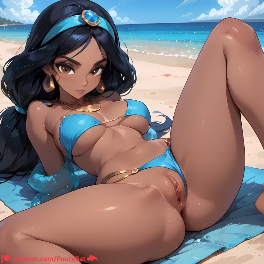 1girls ai_generated aladdin aladdin_(1992_disney_film) beach beach_towel bikini black_hair blue_bikini brown_eyes brown_skin brown_skinned_female female gold_(metal) gold_jewelry headband jewel jewelry laying_down laying_on_back ocean ocean_background poutybat princess_jasmine pussy pussy_focus spread_legs