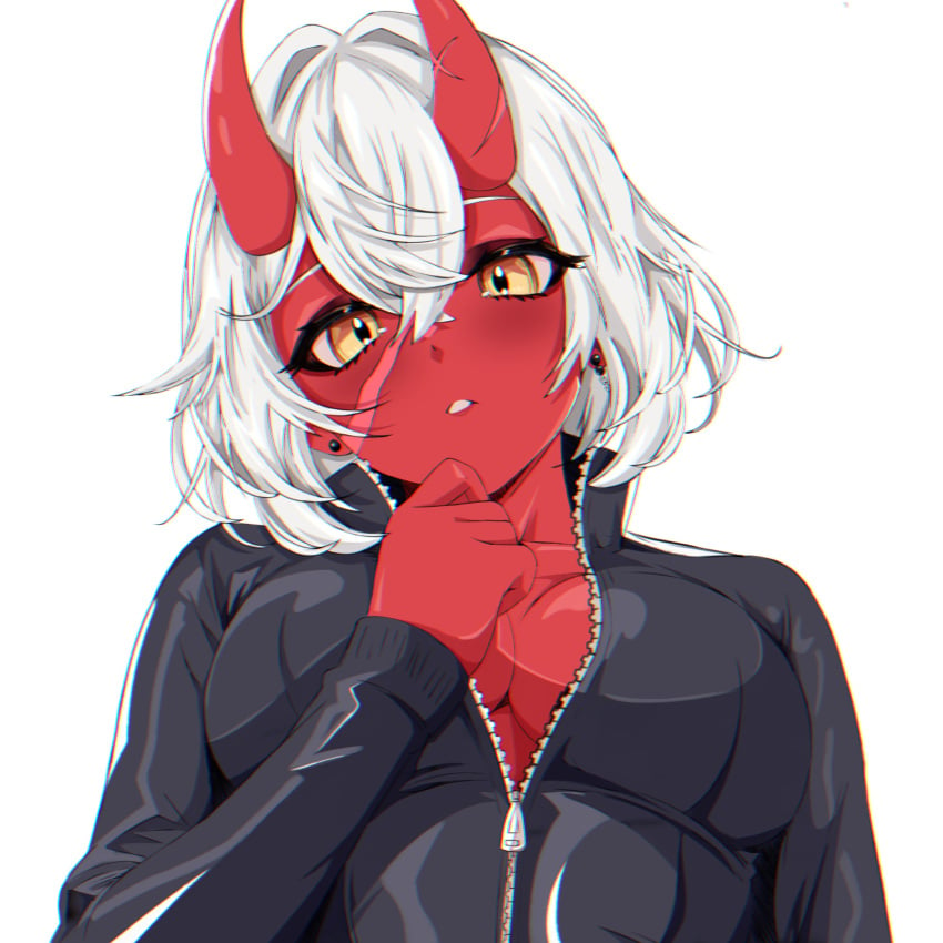 akumi blush breasts cleavage demon_girl earrings eyebrows_visible_through_hair female hair_between_eyes hand_on_own_chest hand_on_own_chin hood horns jewelry large_breasts long_sleeves looking_at_viewer medium_breasts oni oni_horns parted_lips red_eyes red_oni red_skin short_hair simple_background solo upper_body vyugen white_background white_hair yellow_eyes zipper