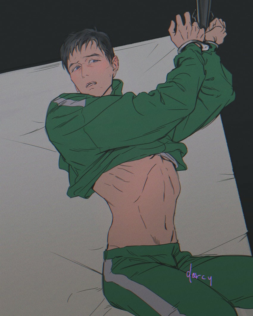 bed bed_sheet black_hair blue_eyes blush dubious_consent handcuffs hands_tied hands_tied_above_head male_only midriff on_back on_bed restrained seong_gi-hun shirt_up short_hair squid_game wrist_cuffs wrists_tied