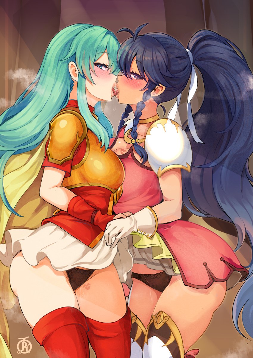 2girls aqua_eyes aqua_hair ass asymmetrical_docking bare_thighs big_ass black_panties blue_eyes blue_hair blush braid breast_press breasts caught cleavage clothes_lift dark_blue_eyes dark_blue_hair eirika_(fire_emblem) female female_only fingerless_gloves fire_emblem fire_emblem:_the_sacred_stones french_kiss gloves heart heart_in_eye heavy_breathing indoors kiss_mark large_breasts lifted_by_another lipstick_mark lipstick_on_breast lipstick_on_thighs long_hair medium_breasts miniskirt multiple_girls musk naughty_face nintendo open_mouth panties ponytail pov presenting presenting_panties pussy_juice revolverwingstudios saliva_trail skirt_lift standing sweat tana_(fire_emblem) teasing textless textless_version thigh_boots thighs twin_braids underwear upskirt very_long_hair voyeur wet_pussy yuri