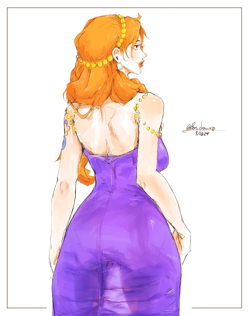 ass back_view bon_drawr clothed dat_ass female female_only jewelry looking_away nami one_piece orange_hair purple_dress slim_waist visible_through_clothes