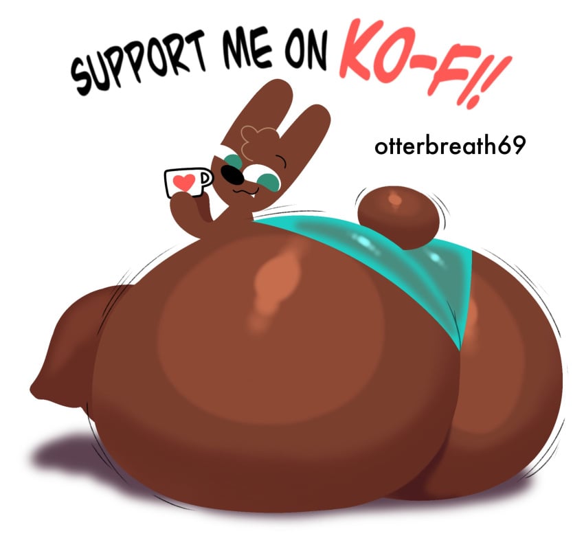 1boy ass_bigger_than_body ass_bigger_than_head ass_focus breathotter brown_body bunny_boy cocoa_the_bunny femboy furry gigantic_ass green_eyes holding_mug huge_ass ko-fi_logo non-human rabbit_boy shiny_skin solo solo_focus thick_thighs