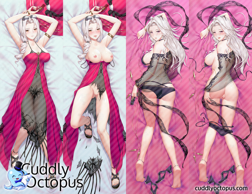 areolae breasts carmilla_(fate) carmilla_(swimsuit_rider) cuddly_octopus dakimakura dakimakura_design fate/grand_order fate_(series) glasses looking_at_viewer nipples pussy ripped_clothing shadowgrave uncensored watermark white_hair